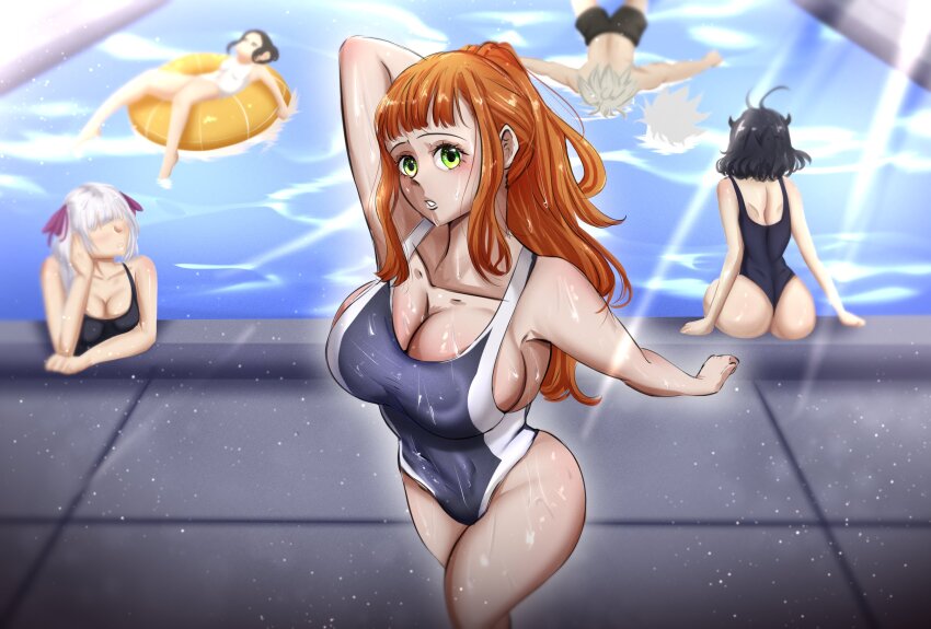 1boy 4girls absurdres ass asta_(black_clover) bikini black_clover breasts charmy_papittoson cictemart18 competition_swimsuit green_eyes highres huge_ass large_breasts liebe_(black_clover) looking_at_viewer medium_breasts mimosa_vermillion multiple_girls noelle_silva one-piece_swimsuit pool poolside secre_swallowtail shy small_breasts solo_focus swimsuit thick_thighs thighs