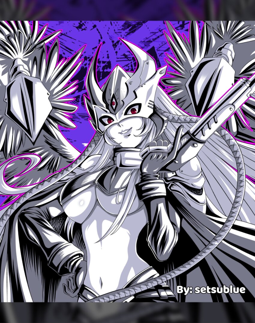 1girl absurdres artist_name beelstarmon beelstarmon_x-antibody breasts coat cropped_shirt digimon eye_mask greyscale_with_colored_background highres large_breasts long_hair open_clothes open_coat purple_background red_eyes setsu_blue simple_background solo third_eye underboob upper_body