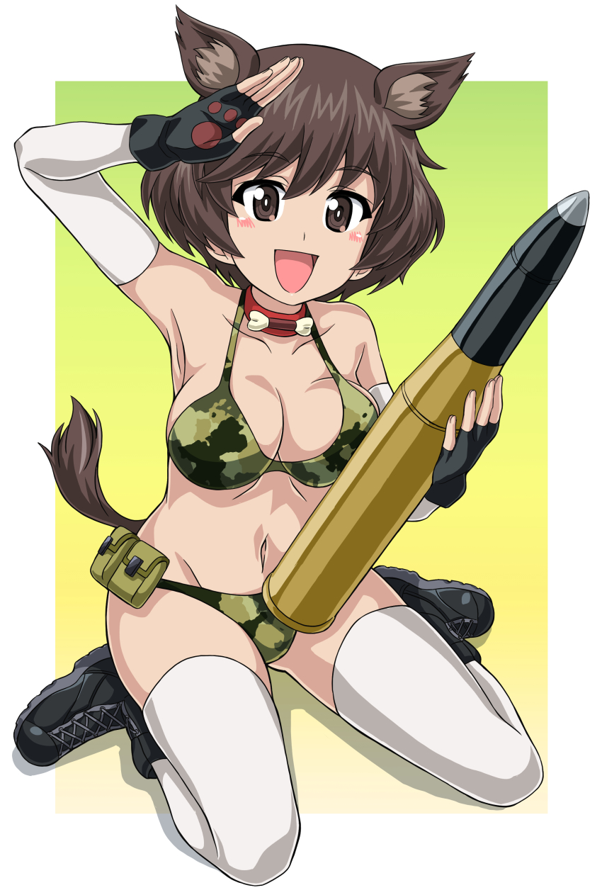 1girl 9s0ykoyama117 absurdres akiyama_yukari animal_ears bikini black_boots black_gloves blush boots breasts brown_eyes brown_hair camouflage camouflage_bikini choker cleavage collarbone combat_boots dog_ears dog_girl dog_tail elbow_gloves fingerless_gloves full_body girls_und_panzer gloves highres holding_tank_shell large_breasts looking_at_viewer navel open_mouth salute short_hair smile solo swimsuit tail tank_shell thighhighs white_thighhighs