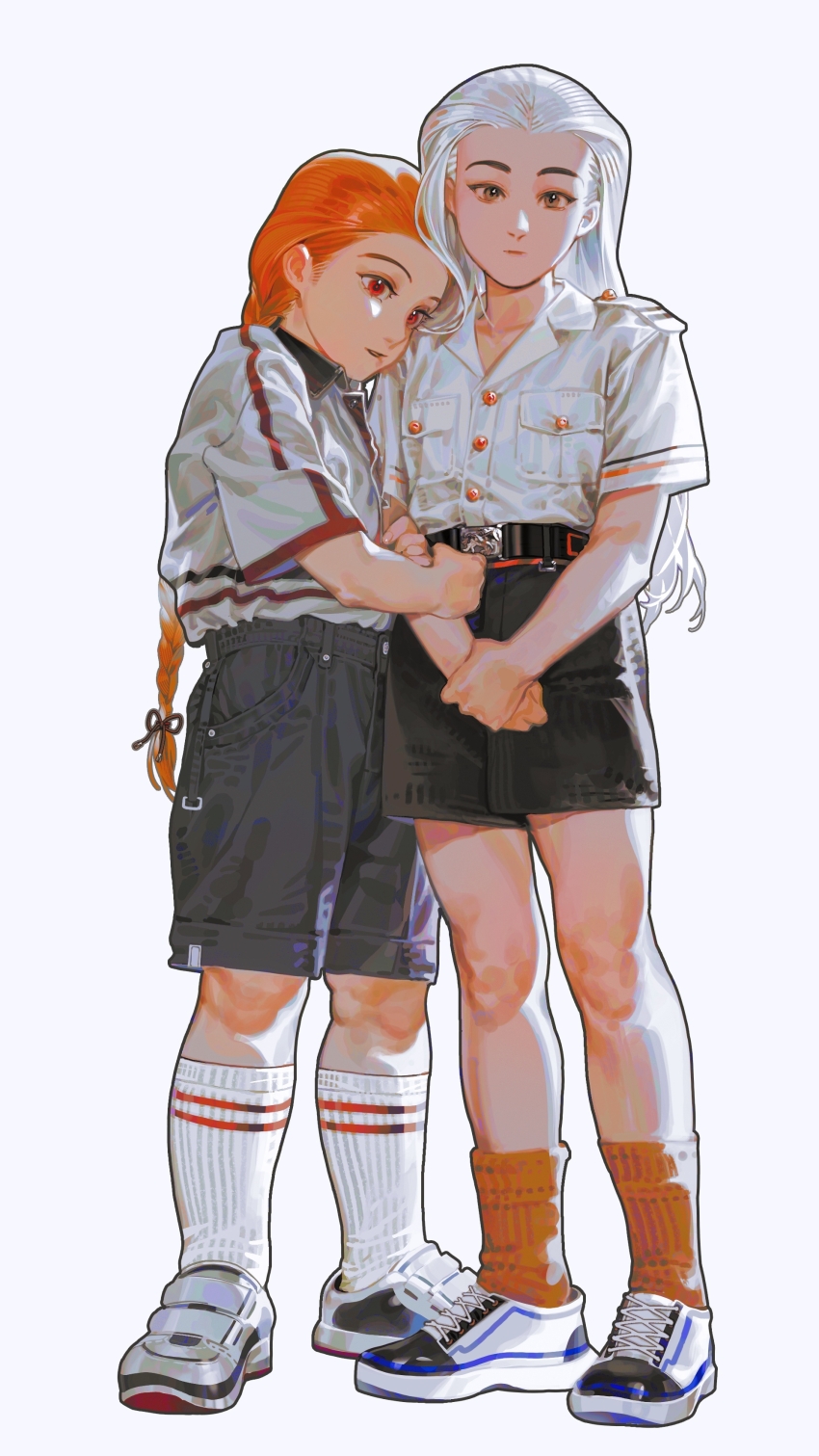 1boy 1girl absurdres belt black_belt black_outline black_shorts braid brown_eyes brown_ribbon buttons chinese_commentary closed_mouth collared_shirt commentary_request expressionless fang_ting full_body hair_ribbon highres holding_another&#039;s_arm long_hair orange_hair orange_socks original outline parted_lips red_eyes ribbed_socks ribbon shirt shoes short_sleeves shorts simple_background sneakers socks white_background white_hair white_shirt white_shoes white_socks