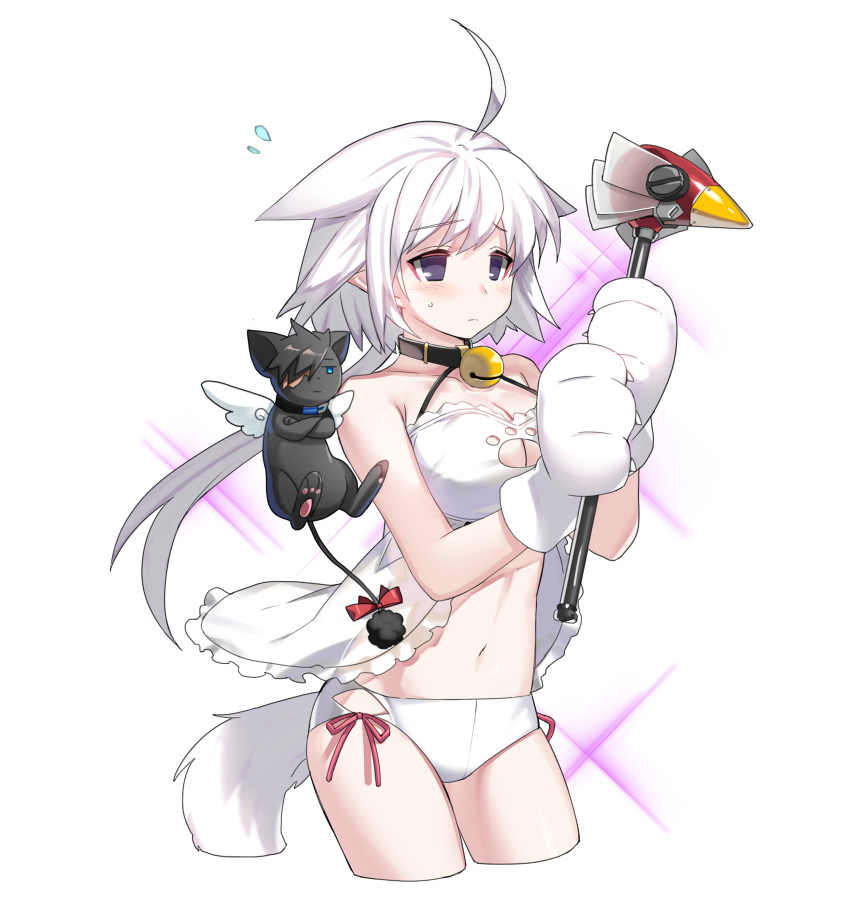 1girl absurdres ahoge animal_hands babydoll bare_shoulders bell black_cat black_collar breasts cardcaptor_sakura cat cat_tail cleavage cleavage_cutout closers clothing_cutout collar cosplay cowboy_shot criss-cross_halter cropped_legs flying_sweatdrops frilled_babydoll fuuin_no_tsue gloves hair_flaps halterneck highres holding holding_wand jingle_bell kero_(cardcaptor_sakura) kero_(cardcaptor_sakura)_(cosplay) large_breasts levia_(closers) long_hair low_ponytail navel neck_bell no_pupils official_art panties paw_cutout paw_gloves pink_ribbon ponytail purple_eyes ribbon side-tie_panties simple_background solo stomach sweat tail two-handed underwear wand white_babydoll white_background white_gloves white_hair white_panties white_tail