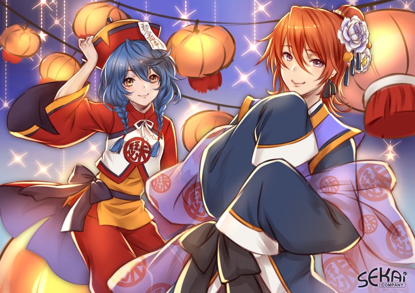 2girls absurdres blue_hair braid chinese_clothes chinese_lantern earrings flower hair_between_eyes hair_flower hair_ornament halloween hand_on_headwear hat highres jewelry jiangshi long_hair long_sleeves looking_at_viewer multiple_girls ofuda orange_eyes original ponytail purple_eyes qingdai_guanmao red_hair sekai_company sleeves_past_wrists smile syrinxwell311 twin_braids