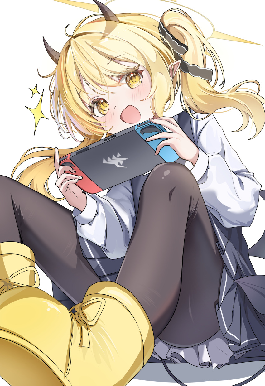 1girl :d absurdres black_horns black_pantyhose black_tail blonde_hair blue_archive boots commentary demon_horns demon_tail halo highres horns ibuki_(blue_archive) loli looking_at_viewer nintendo_switch open_mouth pantyhose simple_background smile solo tail umou_(umouawa) white_background yellow_boots yellow_eyes yellow_halo