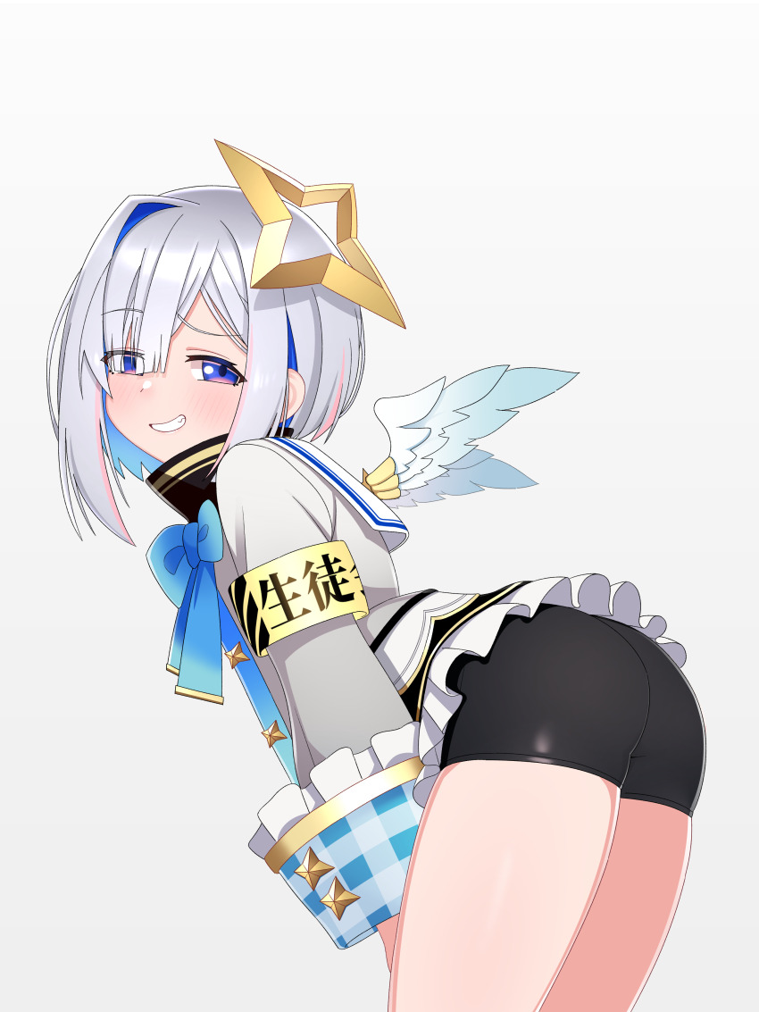 1girl absurdres amane_kanata amane_kanata_(1st_costume) angel_wings armband ass bent_over bike_shorts black_shorts blue_bow blue_bowtie blue_eyes blue_hair blush bow bowtie colored_inner_hair commentary dated_commentary feathered_wings from_side grey_hair grey_shirt halo highres hololive long_sleeves looking_at_viewer mingkozus mini_wings multicolored_hair pink_hair sailor_collar shirt short_hair short_shorts shorts sidelocks single_hair_intake smile solo star_halo streaked_hair teeth thighs virtual_youtuber white_sailor_collar wings yellow_armband