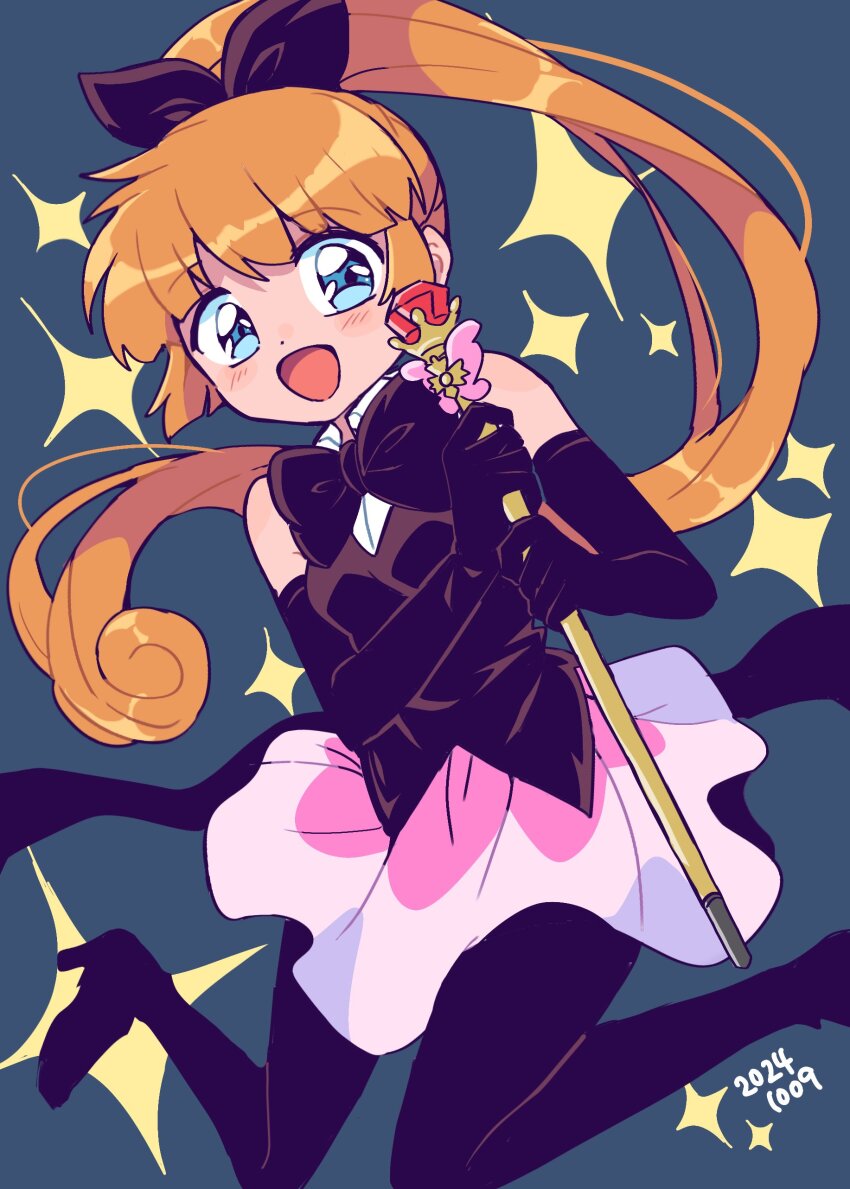 1girl 2024 :d absurdres black_bow black_bowtie black_gloves blue_eyes bow bowtie dot_nose elbow_gloves gloves hair_bow high_ponytail highres holding holding_wand jumping kaitou_saint_tail magical_girl nojima_minami open_mouth orange_hair ponytail saint_tail simple_background smile solo sparkle wand
