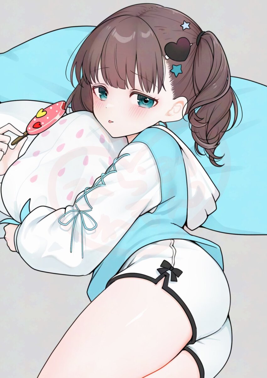 1girl :p ass blue_eyes blush brown_hair candy cross-laced_clothes cross-laced_sleeves food hair_ornament heart heart_hair_ornament highres hood hoodie idolmaster idolmaster_cinderella_girls lollipop medium_hair pillow sakuma_mayu saltylemontea short_shorts shorts solo star_(symbol) star_hair_ornament tongue tongue_out twintails upper_body