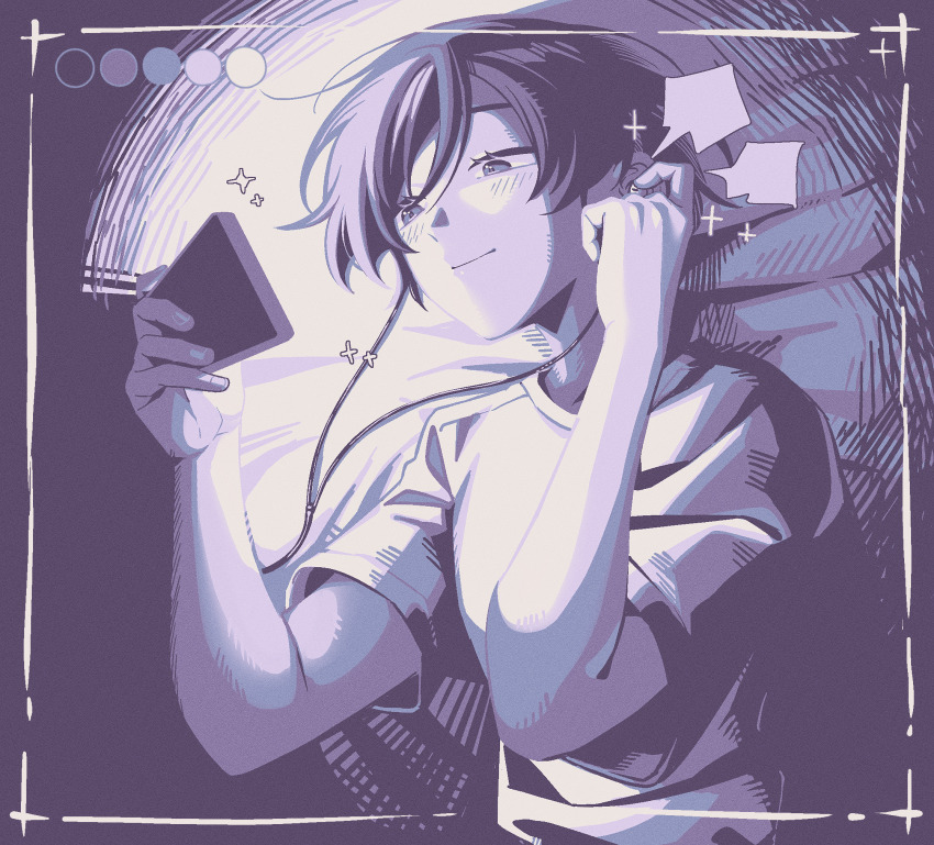 1girl blank_speech_bubble blush cellphone dark_room earbuds earphones futsuu_no_keion-bu highres holding holding_phone kouyama_rin light_smile looking_at_phone monochrome phone pixie_cut purple_theme rra_(yj) shirt short_hair smartphone solo speech_bubble t-shirt