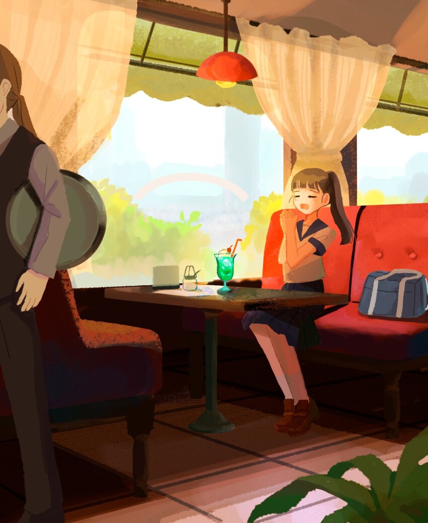 1boy 1girl bag blue_bag blue_sailor_collar blue_skirt booth_seating brown_hair brown_shoes cherry closed_eyes curtains drinking_straw food fruit highres ice_cream ice_cream_float long_sleeves no_lineart open_mouth original own_hands_clasped own_hands_together ponytail restaurant sailor_collar school_bag school_uniform serafuku shira_mikamii shoes short_sleeves sitting skirt table tray waiter window