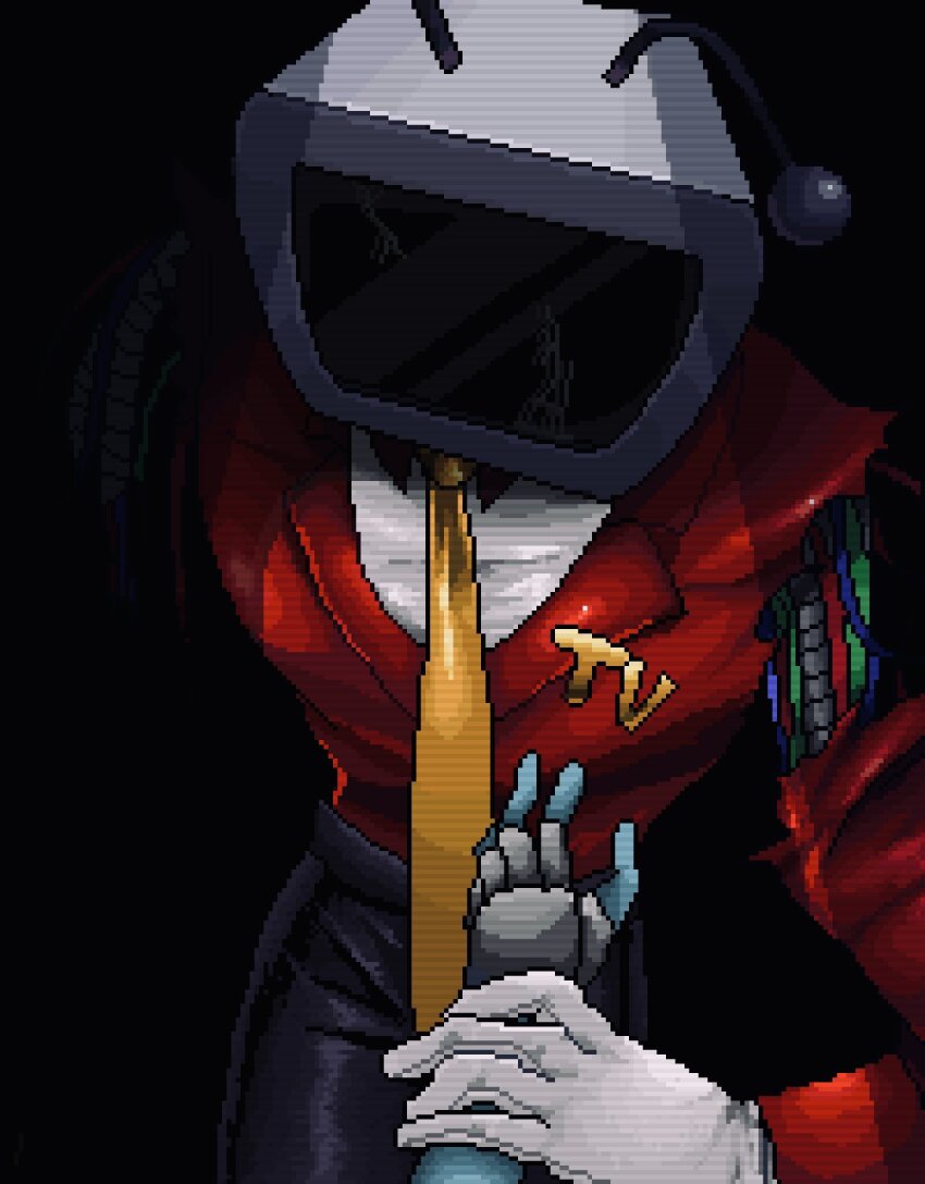 1boy 1other 9aaaalt29 ant_tenna black_pants blue_skin cable colored_skin commentary cracked_screen crt deltarune english_commentary gloves highres holding_another&#039;s_wrist humanoid_robot jacket kris_(dark_world)_(deltarune) kris_(deltarune) mechanical_arms missing_limb necktie object_head pants pixel_art red_jacket robot shirt torn_clothes torn_jacket white_gloves white_shirt yellow_necktie