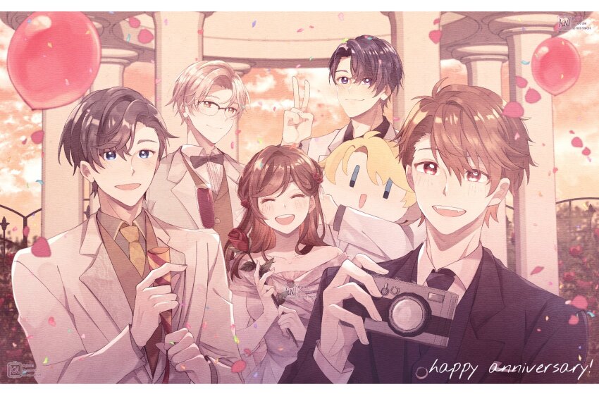 1girl 4boys :d anniversary artem_wing_(tears_of_themis) balloon black-framed_eyewear black_hair black_jacket black_necktie black_shirt black_vest blue_eyes breasts brown_eyes brown_hair brown_sky brown_vest camera champagne_flute character_doll cloud cloudy_sky collarbone collared_shirt commentary cup davis_(tears_of_themis) dress drinking_glass fangs flower glasses grey_dress grey_hair grey_shirt hair_between_eyes highres holding holding_camera holding_flower jacket kana_(ykskkn) luke_pearce_(tears_of_themis) marius_von_hagen_(tears_of_themis) medium_breasts multiple_boys necktie off-shoulder_dress off_shoulder open_mouth over-rim_eyewear party_popper purple_eyes red_eyes red_flower red_rose rosa_(tears_of_themis) rose semi-rimless_eyewear shirt sky smile tears_of_themis v vest vyn_richter_(tears_of_themis) white_jacket white_shirt