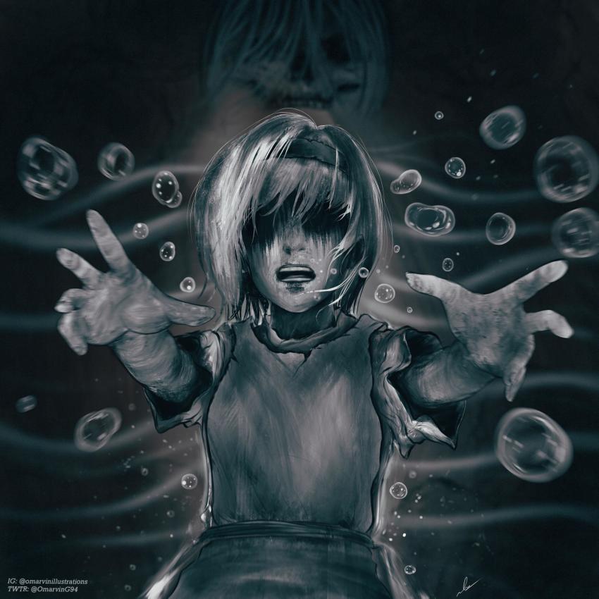 1girl absurdres asphyxiation bleeding blonde_hair blood dress drowning falling female_focus founding_titan greyscale hair_between_eyes hairband highres marvin_(omarvin) medium_hair monochrome no_eyes open_mouth shaded_face shingeki_no_kyojin short_hair skull solo titan_(shingeki_no_kyojin) underwater water ymir_fritz