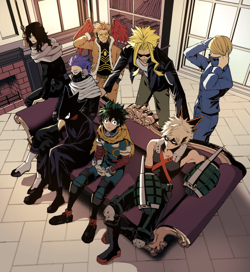 6+boys aizawa_shota animal_head bakugou_katsuki best_jeanist black_boots black_mask black_shirt blonde_hair blue_jacket boku_no_hero_academia bookshelf boots brown_jacket brown_pants cape closed_mouth couch denim fireplace freckles from_above grey_scarf hawks_(boku_no_hero_academia) highres indoors jacket jeans kafuyutns midoriya_izuku multiple_boys pants purple_hair red_wings scarf shinso_hitoshi shirt short_hair sitting tokoyami_fumikage wings yagi_toshinori yellow_cape