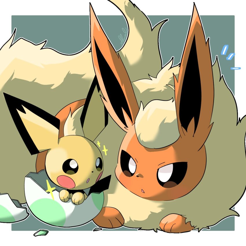 animal_focus border bright_pupils cracked_egg eggshell flareon fluffy gen_1_pokemon gen_2_pokemon grey_background hatching highres looking_at_another nintendo no_humans open_mouth pichu pokemon pokemon_(creature) shual3734 signature size_difference white_border white_pupils
