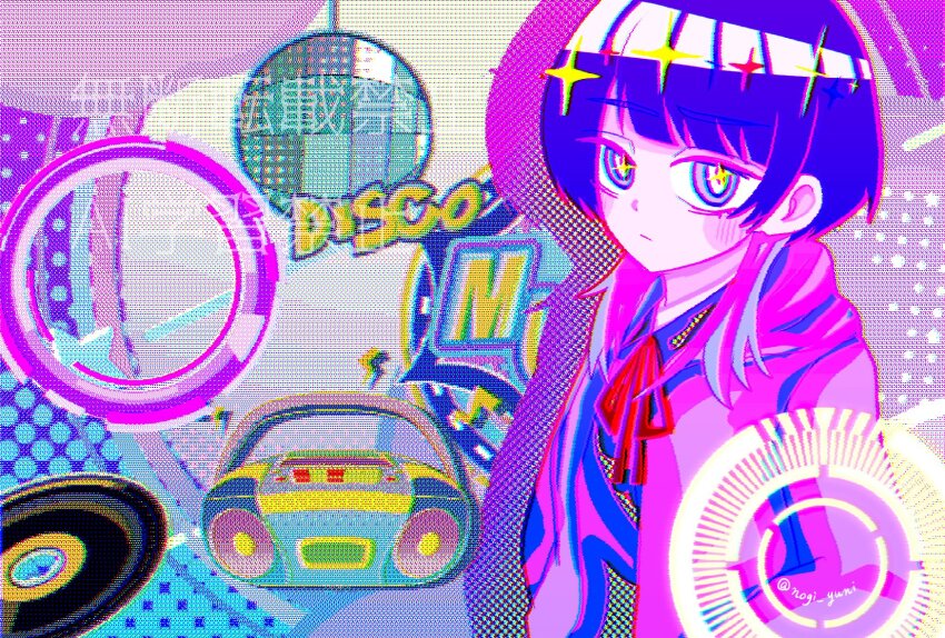 1girl :| analogous_colors blue_hair blunt_bangs blush boombox chromatic_aberration closed_mouth colored_shadow colorful commentary disco_ball fujii_ayame futsuu_no_keion-bu highres hood hooded_jacket jacket neck_ribbon neon_palette nogi_yuni purple_eyes purple_jacket red_ribbon ribbon shadow solo sparkle sparkling_eyes twitter_username upper_body vinyl_record watermark wolf_cut