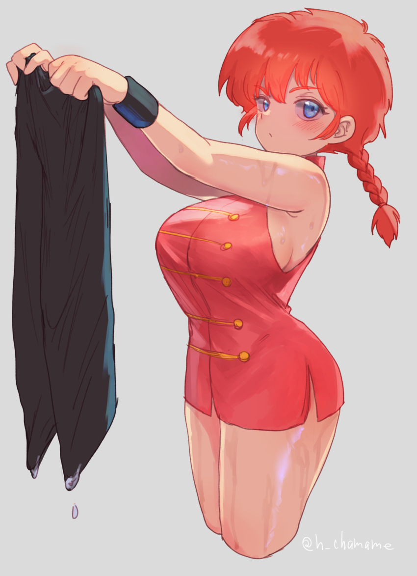 1girl blue_eyes blush braid breasts chamame commentary_request cropped_legs grey_background highres holding_pants large_breasts long_hair looking_at_viewer no_pants pants unworn_pants ranma-chan ranma_1/2 red_hair saotome_ranma sideboob simple_background solo twitter_username wet wet_clothes wristband