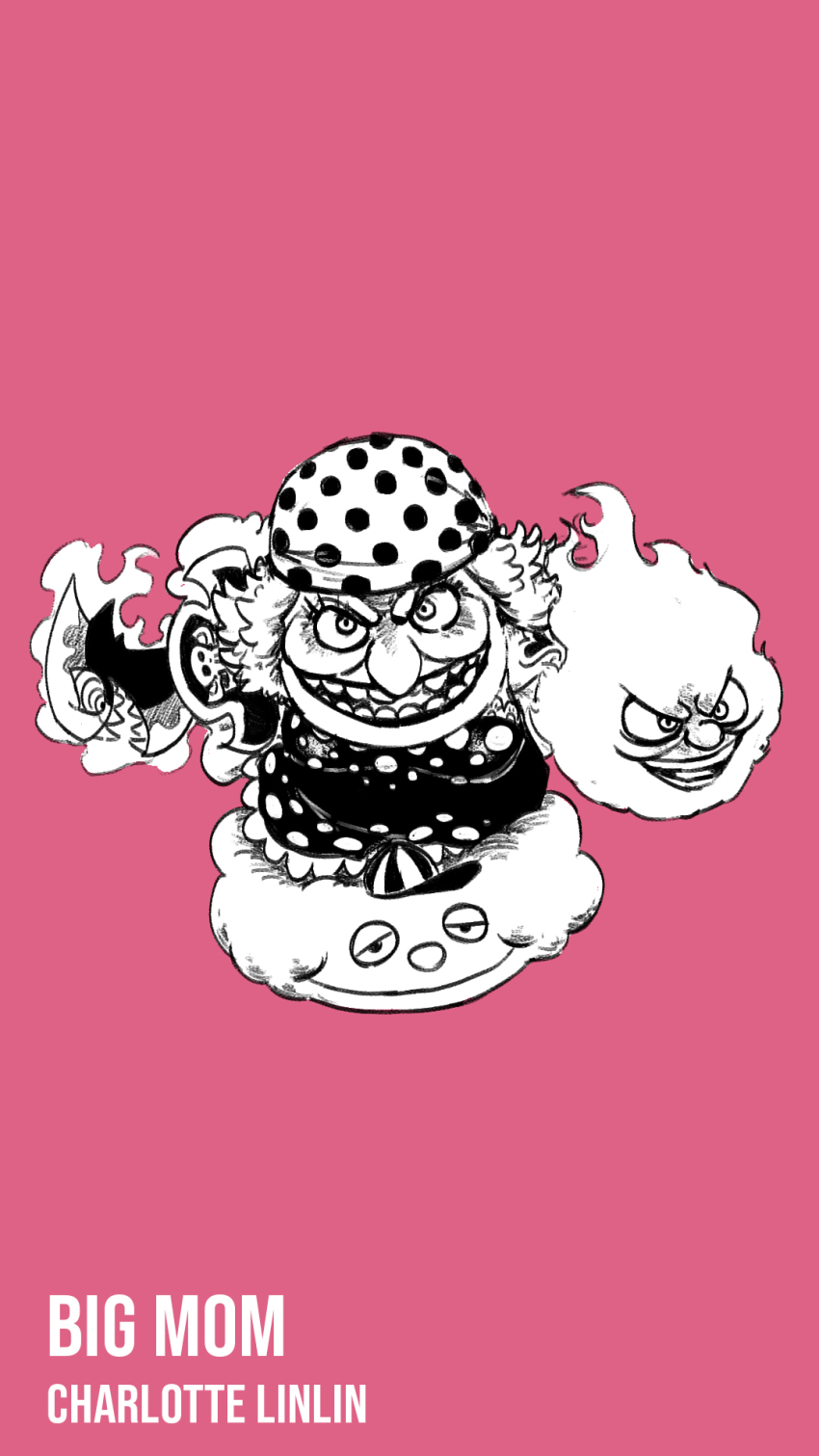 1girl :t aura bandana baseball_cap blacknirrow breasts character_name charlotte_linlin chibi closed_mouth cloud dress english_text female_focus frilled_dress frills full_body furrowed_brow happy hat highres holding holding_sword holding_weapon looking_at_viewer medium_breasts monochrome napoleon_(one_piece) one_piece open_mouth pink_background pirate_hat polka_dot_headwear prometheus_(one_piece) riding ringed_eyes sharp_teeth short_hair simple_background sketch smile standing striped_clothes striped_headwear sword teeth unworn_hat unworn_headwear weapon zeus_(one_piece)