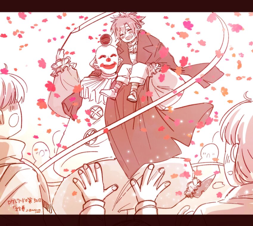 2boys allen_walker audience blush brown_coat brown_hair buttons child closed_mouth clown clown_nose coat crowd d.gray-man falling_petals highres holding holding_whip kozuuu makeup mana_walker mature_male multiple_boys object_on_head open_mouth pants petals puffy_sleeves scarf shirt signature sitting_on_shoulder smile socks white_footwear white_pants white_shirt wide_sleeves