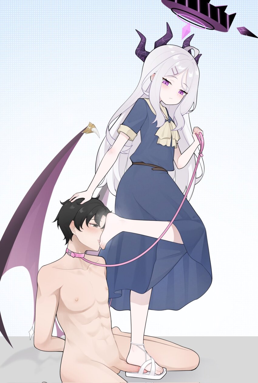 1boy 1girl alternate_costume arms_behind_back barefoot black_hair blue_archive blue_dress blush closed_mouth clothed_female_nude_male collarbone collared_dress demon_horns dress eyelashes feet foot_worship footjob full_body grey_hair hair_ornament hairclip halo hand_on_another&#039;s_head hand_up hetero highres hina_(blue_archive) holding holding_leash horns leash licking licking_foot long_hair low_wings neckerchief nude on_ground parted_bangs patterned_background penis purple_eyes purple_halo purple_horns sandals sensei_(blue_archive) short_sleeves sidelocks single_sandal smell standing standing_on_one_leg steaming_body stepped_on toes uncensored very_long_hair wings wl217_(nicexa111)
