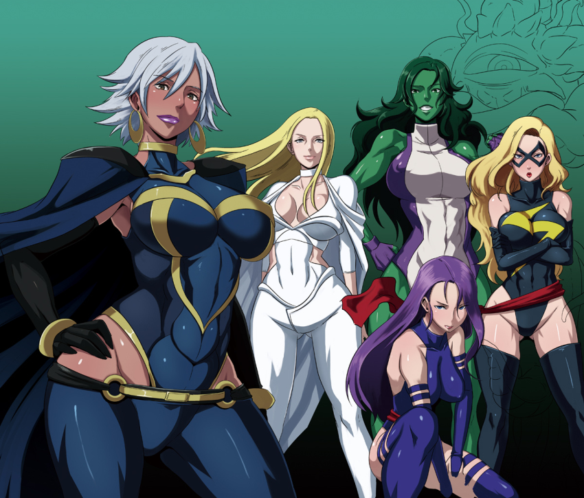 10s 5girls animification blonde_hair breasts butcha-u cape carol_danvers carol_susan_jane_danvers cleavage colored_skin dark-skinned_female dark_skin domino_mask earrings emma_frost green_hair green_skin grey_hair huge_breasts impossible_clothes jennifer_walters jewelry large_breasts lipstick makeup marvel mask md5_mismatch ms_marvel multiple_girls psylocke purple_hair resolution_mismatch sash she-hulk shuma_gorath storm_(x-men) x-men x-men_(anime)