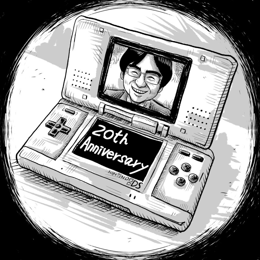 1boy anniversary commentary_request glasses handheld_game_console highres imamura_takaya iwata_satoru male_focus nintendo nintendo_ds real_life smile solo still_life teeth