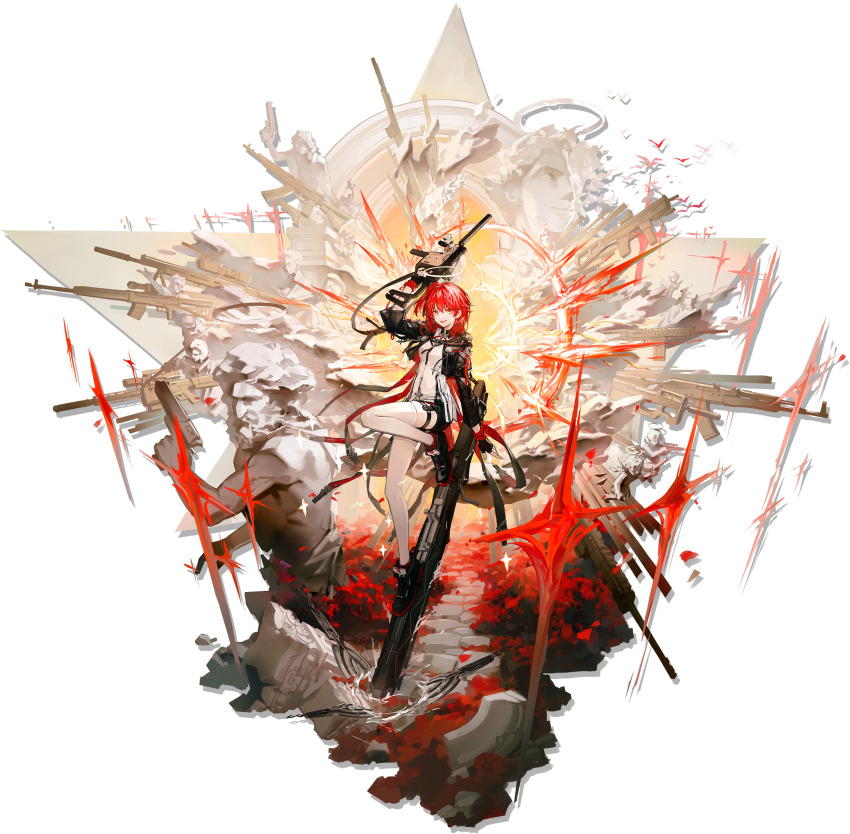 1girl absurdres arknights black_gloves black_jacket breasts cropped_jacket detached_wings dress energy_wings exusiai_(arknights) exusiai_the_new_covenant_(arknights) fingerless_gloves full_body gloves gun halo highres huanxiang_heitu jacket kriss_vector looking_at_viewer official_art red_hair smile solo submachine_gun thighhighs traditional_halo transparent_background weapon white_halo white_thighhighs wings