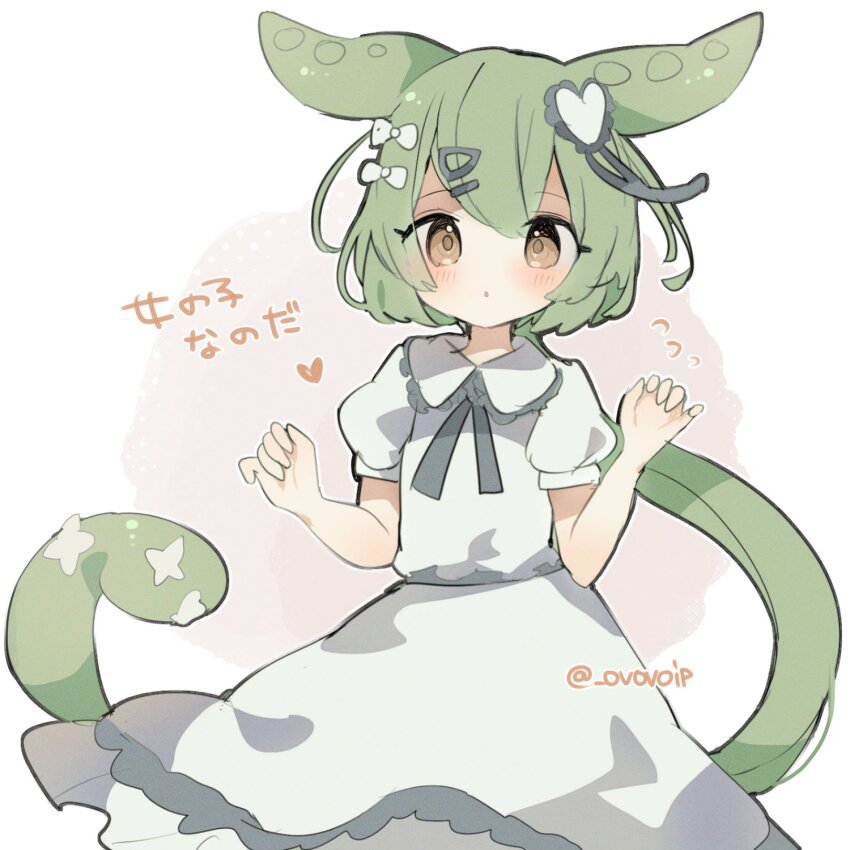 1girl blush bow brown_eyes commentary_request cowboy_shot dress expressionless flying_sweatdrops green_hair hair_bow hair_ornament hairclip hands_up heart heart_hair_ornament highres long_hair looking_at_viewer onnanoko_nanoda open_mouth ovoip pea_pod puffy_short_sleeves puffy_sleeves short_sleeves solo song_name twitter_username very_long_hair voiceroid voicevox white_bow white_dress zundamon