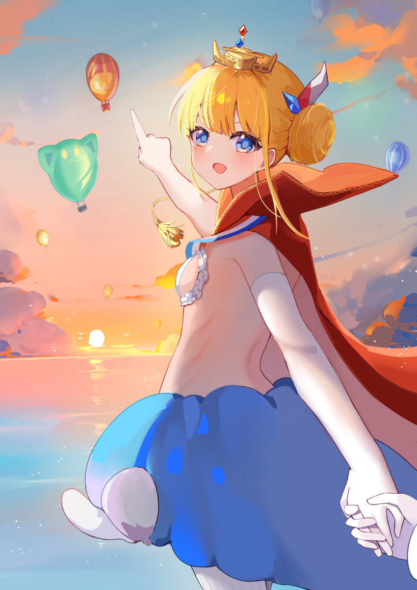 1girl 1other absurdres aircraft azur_lane blonde_hair cape chinese_commentary dhy-232 double_bun elbow_gloves evening french_flag gloves hair_bun highres hot_air_balloon le_triomphant_(azur_lane) long_hair looking_at_viewer outdoors pointing red_cape single_glove striped_clothes striped_thighhighs sunset thighhighs tutu vertical-striped_clothes vertical-striped_thighhighs white_gloves white_thighhighs