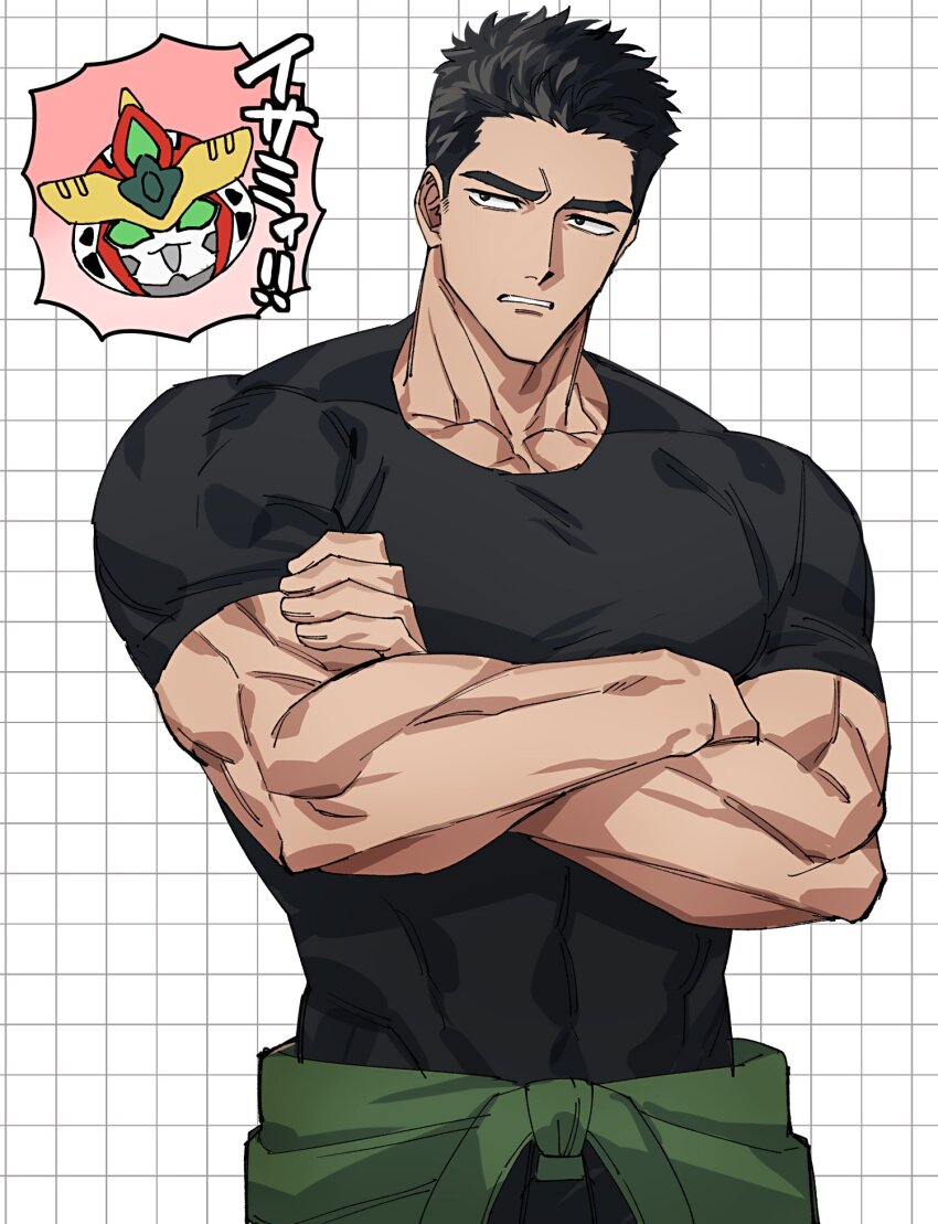 1boy alternate_muscle_size ao_isami bara black_hair black_shirt bravern chibi chibi_inset commentary_request crossed_arms domo_(domo_kizusuki) grid_background highres male_focus muscular muscular_male parted_lips shirt short_hair tight_clothes tight_shirt yuuki_bakuhatsu_bang_bravern