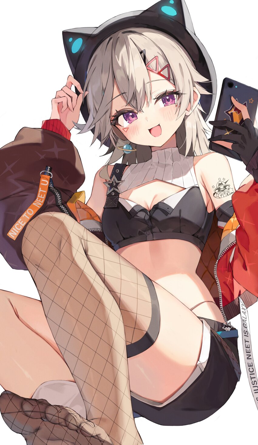 1girl absurdres animal_hat arm_tattoo black_hat black_shorts blonde_hair blush breasts cat_hat cellphone cleavage crop_top facial_mark fishnet_thighhighs fishnets gloves hair_ornament hairclip hat highres holding holding_phone jacket komori_met komori_met_(5th_costume) open_clothes open_jacket open_mouth partially_fingerless_gloves phone purple_eyes shorts simple_background single_strap single_thighhigh smartphone solo taht_(that_is_mm) tattoo thighhighs virtual_youtuber vspo! white_background
