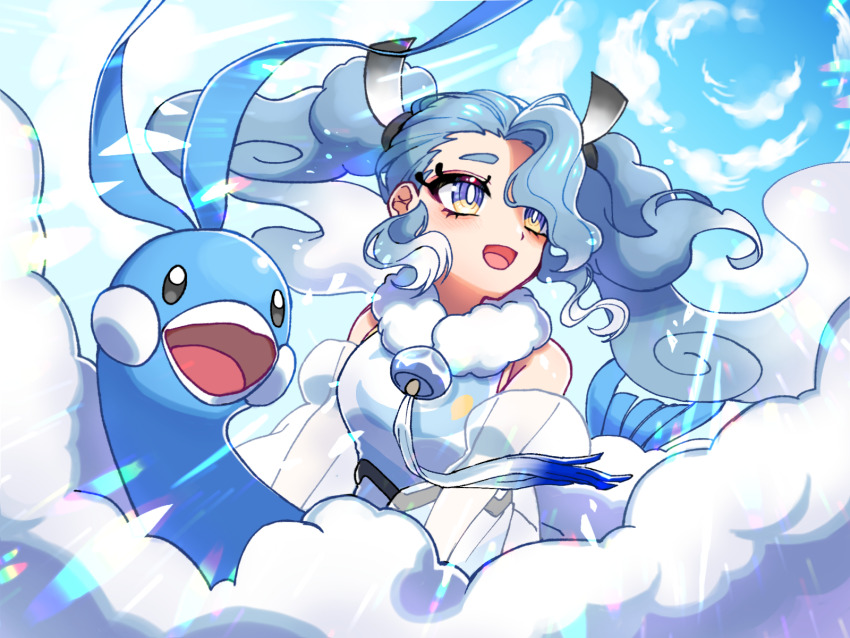 1girl 1other altaria bird blue_bird blue_eyes blue_hair blue_shirt breasts cloud cloudy_sky crossover detached_sleeves flying_miku_(project_voltage) gen_3_pokemon hair_over_one_eye hatsune_miku highres long_hair long_sleeves medium_breasts nenden_(user_ujdp8383) nintendo official_alternate_costume official_alternate_hairstyle open_mouth pokemon pokemon_(creature) project_voltage see-through_clothes see-through_sleeves shirt sky smile twintails very_long_hair vocaloid