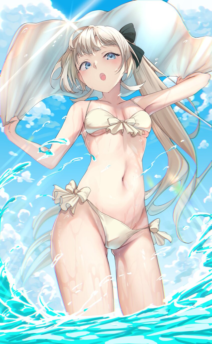 1girl :o absurdres alternate_costume aqua_eyes armpits bare_arms bare_shoulders bikini black_bow blue_sky bow bow_bikini breasts brown_bikini brown_hair cattleya_regina_games collarbone commentary_request cowboy_shot day from_below front-tie_bikini_top front-tie_top gluteal_fold groin hair_ribbon hanabusa_lisa highres holding_cloth kairi_(miry666) light_blush light_rays long_hair looking_ahead navel open_mouth outdoors ribbon side-tie_bikini_bottom side_ponytail sky small_breasts solo splashing splatter stomach sunbeam sunlight swimsuit virtual_youtuber vspo! wading water wet