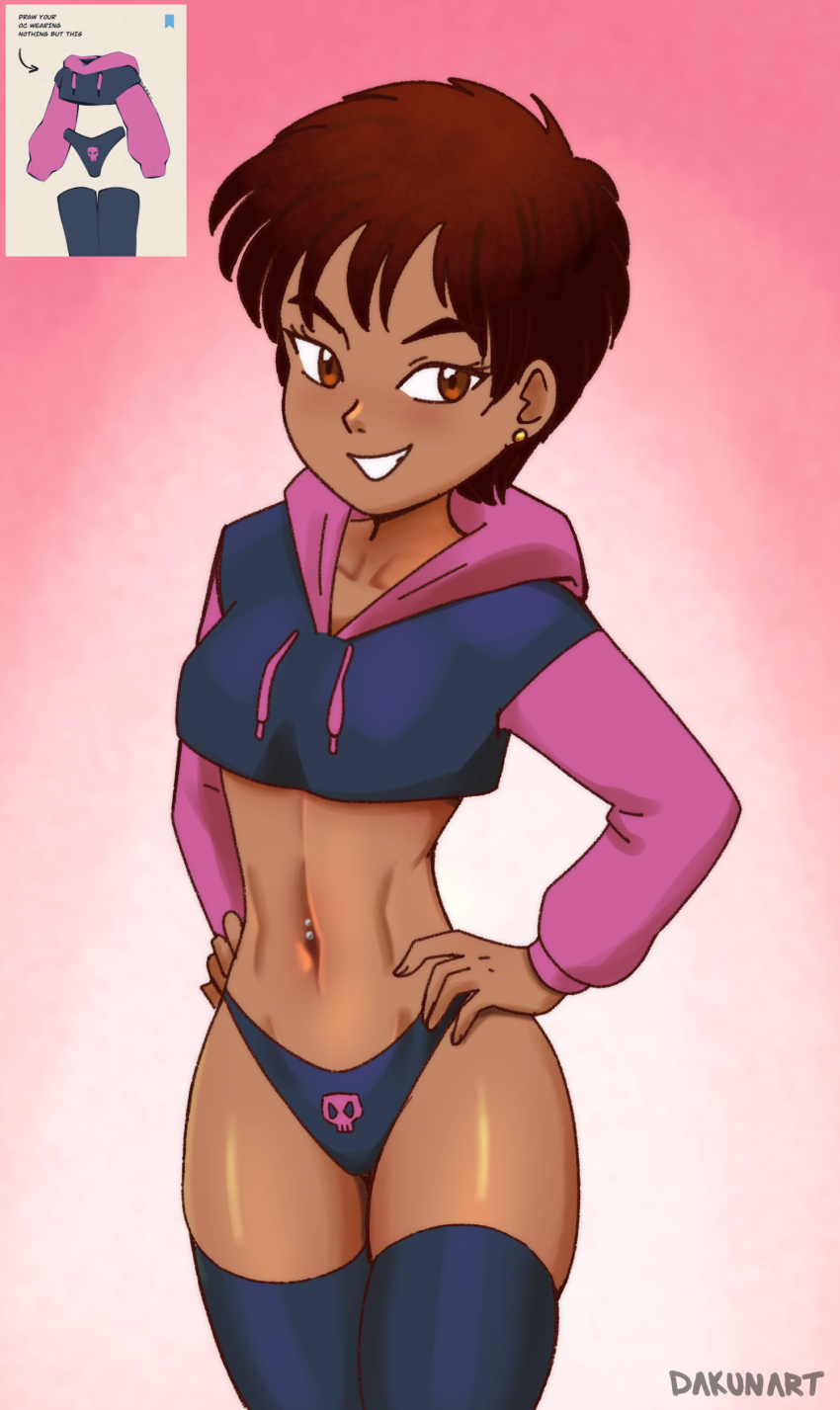 1girl absurdres black_hoodie black_panties black_thighhighs blush breasts brown_eyes brown_hair collarbone dakunart dark_skin earrings grin hands_on_own_hips highres hood hoodie jewelry long_sleeves looking_at_viewer medium_breasts midriff navel navel_piercing original paggiart panties piercing pink_background print_panties reference_inset short_hair skull_print smile standing teeth thighhighs tomboy underwear xiomara_(dakunart)