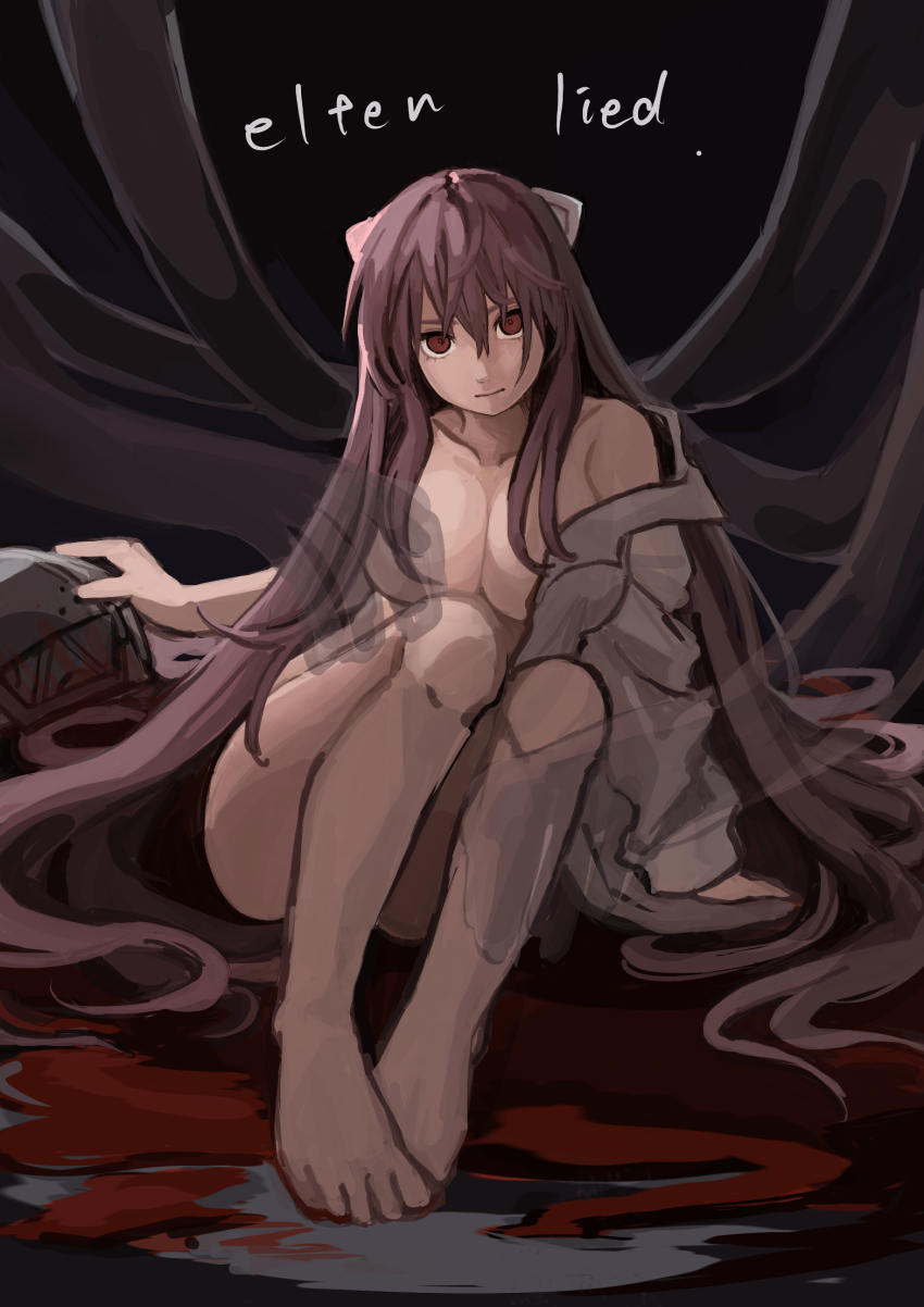1girl absurdly_long_hair arm_support barefoot black_background blood breasts closed_mouth collarbone copyright_name elfen_lied eyelashes hair_between_eyes highres kmusy_mp4 large_breasts long_hair looking_at_viewer lucy_(elfen_lied) pink_hair red_eyes shirt_down sitting solo very_long_hair