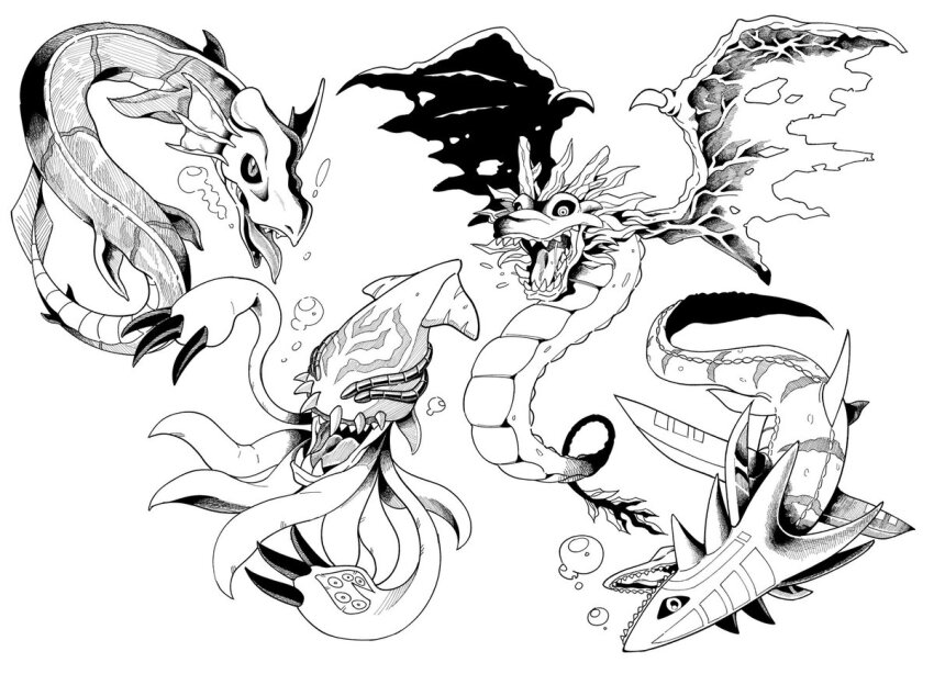 4others airdramon digimon digimon_(creature) gesomon horns monochrome multiple_others open_mouth seadramon sharp_teeth tail teeth tylomon wings