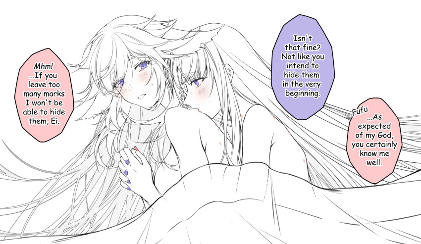 2girls animal_ears blush commentary english_commentary english_text fox_ears from_above genshin_impact greyscale hickey highres kiss kissing_neck looking_at_another lying monochrome multiple_girls nude on_side parted_lips pink_nails purple_eyes purple_nails raiden_shogun sieka_(piiroinardesco) smile speech_bubble spot_color sweatdrop under_covers upper_body yae_miko yuri