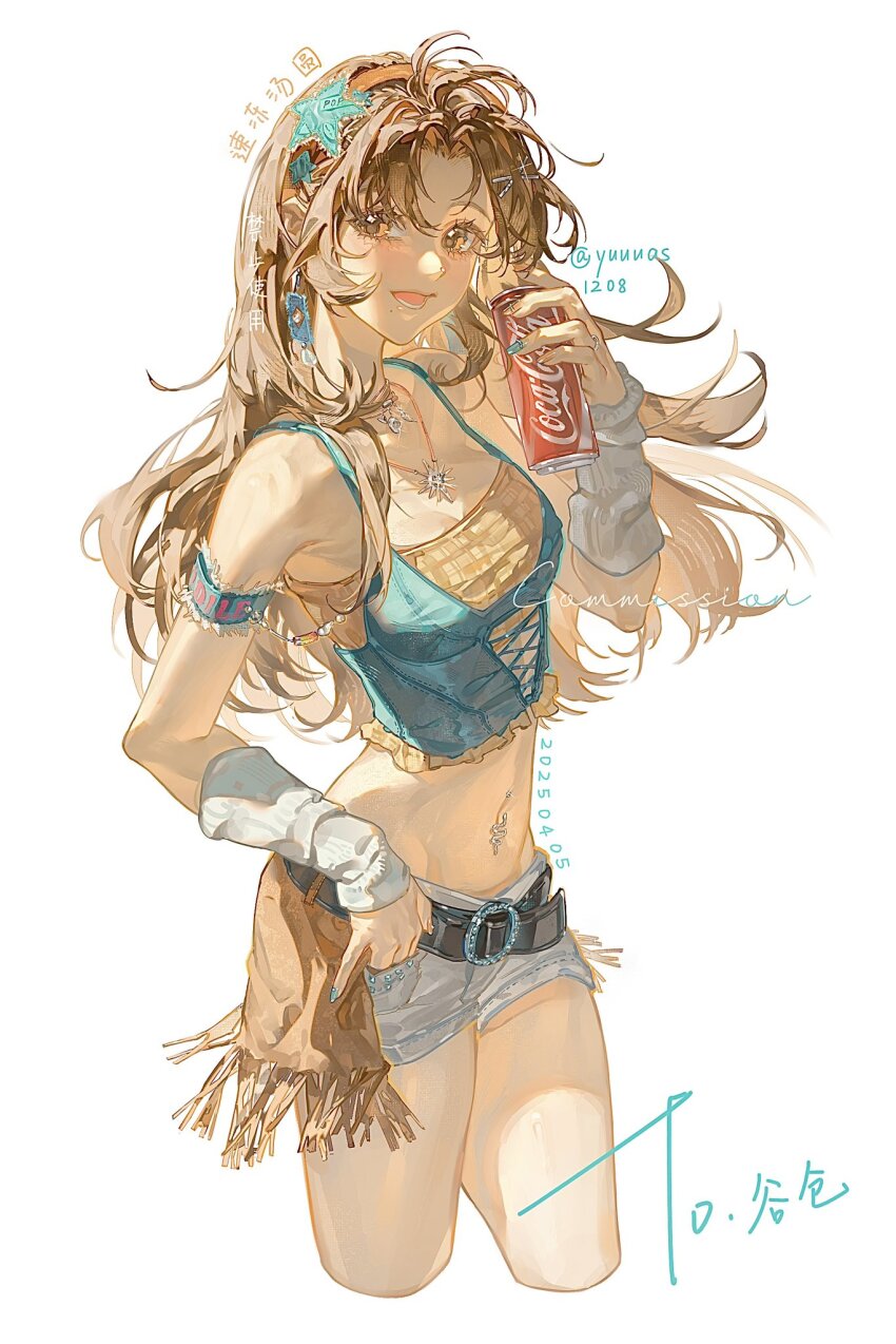 1girl bare_shoulders belt brown_hair can coca-cola cropped_legs drink_can highres navel navel_piercing original piercing shorts sudong_tangyuan white_background