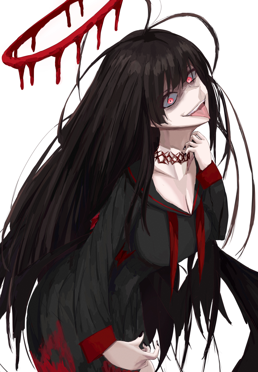 1girl absurdres antenna_hair black_hair black_nails black_serafuku black_skirt blood blood_halo blood_on_clothes blue_archive breasts cleavage halo highres large_breasts liquid_halo long_hair mikuri_mihato neckerchief open_mouth pale_skin red_eyes red_neckerchief school_uniform serafuku simple_background skirt solo teeth tongue tongue_out tsurugi_(blue_archive) undone_neckerchief upper_teeth_only white_background