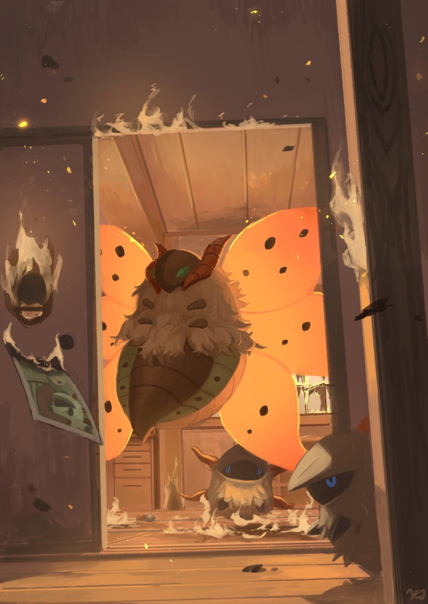 +_+ absurdres animal_focus bug commentary_request evolutionary_line fire gen_5_pokemon green_eyes highres indoors insect king_joe_(neoroto) larvesta moth nintendo no_humans pillar pokemon pokemon_(creature) volcarona wooden_floor