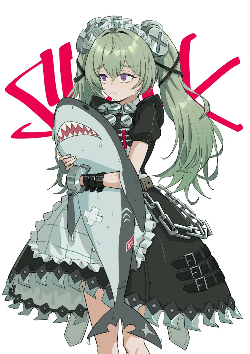 1girl absurdres apron belt black_belt black_dress chain closed_mouth corin_wickes cowboy_shot cuffs dress frills green_hair hair_between_eyes hair_ornament highres holding holding_stuffed_toy long_hair looking_to_the_side maid maid_headdress puffy_short_sleeves puffy_sleeves purple_eyes short_sleeves simple_background solo standing stuffed_animal stuffed_shark stuffed_toy sweatdrop tinkie twintails white_apron white_background wristband x_hair_ornament zenless_zone_zero