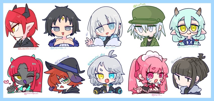 5boys 5girls :/ :3 :o @_@ ahoge animal_ears antenna_hair bare_shoulders black_collar black_dress black_hair black_hoodie black_horns black_jacket black_necktie black_shirt blue_border blue_cardigan blue_eyes blue_gloves blue_necktie blue_ribbon blunt_bangs blush border borrowed_character bow bowtie braid breasts brown_hair brown_horns cardigan cleavage cleavage_cutout clothing_cutout collar collarbone collared_shirt commentary_request demon_boy demon_horns diagonal-striped_clothes diagonal-striped_necktie dog_boy dog_ears double-parted_bangs dress drill_hair drill_sidelocks earclip expressionless facial_mark fang forehead forehead_mark from_side fur-trimmed_jacket fur_trim furry furry_male glasses gloves green_eyes green_hair green_hat green_jacket grey_eyes hair_between_eyes hair_bow hair_tie hand_up hands_up hat hat_ribbon head_tilt heart heterochromia highres hood hoodie horns jacket large_breasts light_blush long_hair looking_at_viewer looking_to_the_side low_ponytail low_twintails maid maid_headdress medium_hair military_hat multiple_boys multiple_girls necktie no_nose one_eye_closed op_na_yarou open_mouth orange_hair original parted_bangs pink_bow pink_bowtie pink_eyes pink_hair pink_trim pointy_ears ponytail portrait raised_eyebrows raised_inner_eyebrows red_hair red_horns ribbon semi-rimless_eyewear shirt short_hair sidelocks simple_background single_braid smile spiked_hair star_(symbol) striped_clothes striped_necktie sweatdrop swept_bangs tongue tongue_out twintails under-rim_eyewear v v-neck v-shaped_eyebrows waving white_background white_eyes white_hair white_shirt witch_hat yellow_eyes