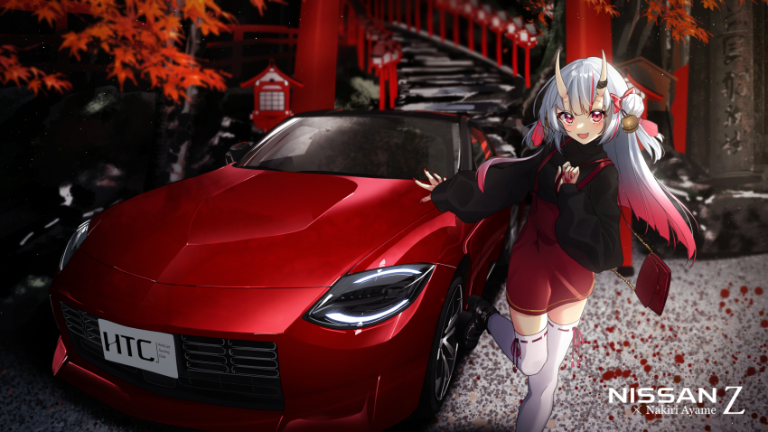 1girl :d bag bow car fang gradient_hair hair_bow hair_bun high-waist_skirt highres hololive horns long_hair long_sleeves looking_at_viewer looking_back motor_vehicle multicolored_hair nail_polish nakiri_ayame nissan nissan_fairlady_z nissan_z_(rz34) nissan_z_(rz34) open_mouth puffy_long_sleeves puffy_sleeves red_eyes red_hair red_nails red_skirt shoulder_bag skin-covered_horns skirt smile solo standing standing_on_one_leg vehicle_focus virtual_youtuber white_hair white_tail you&#039;a