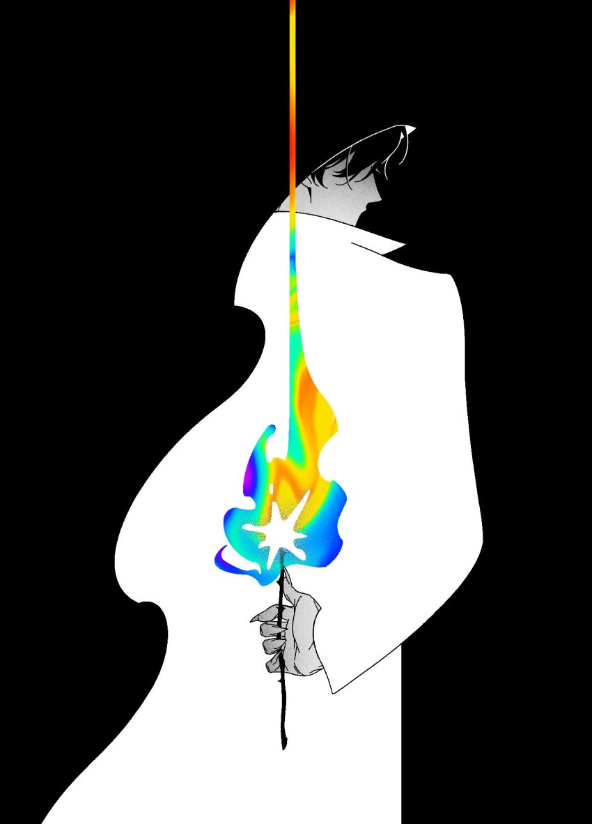 1boy benkdjjituibot black_cloak cloak coat fireworks hair_over_eyes highres holding holding_fireworks looking_back male_focus monochrome omniscient_reader&#039;s_viewpoint partially_invisible popped_collar rainbow_gradient scar scar_on_face secretive_plotter solo sparkle sparkler spot_color white_coat