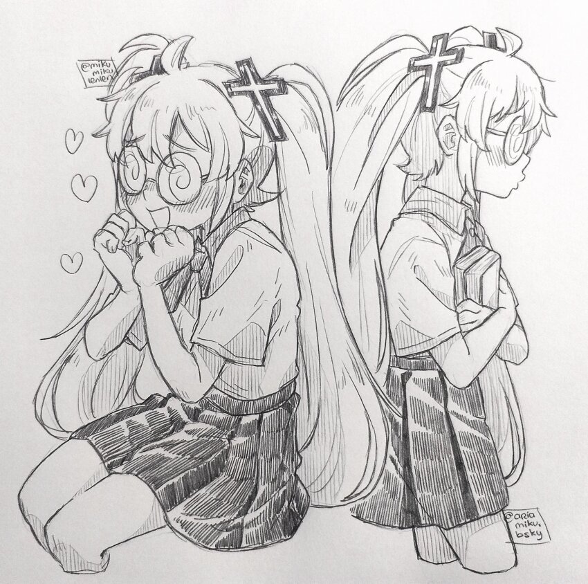 1girl ariamikukanzaki book coke-bottle_glasses commentary cross_hair_ornament glasses graphite_(medium) hair_ornament hatching_(texture) hatsune_miku heart high-waist_skirt highres holding holding_book long_hair miniskirt monochrome pleated_skirt raised_inner_eyebrows school_uniform signature skirt traditional_media twintails vocaloid