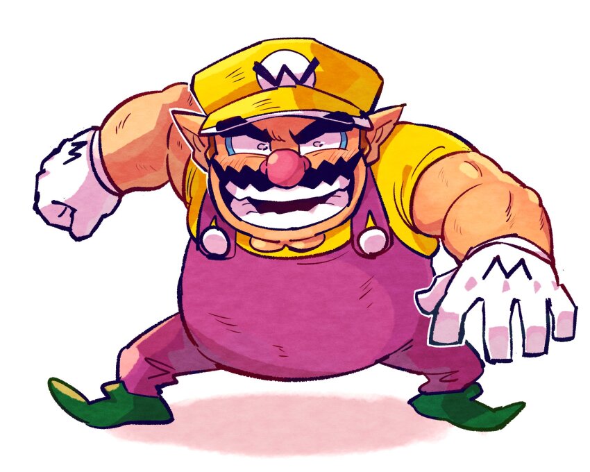 1boy belly biceps big_belly commentary facial_hair fat fat_man gloves green_footwear hat highres looking_at_viewer mario_(series) mature_male muscular muscular_male mustache nintendo open_mouth overalls pointy_ears purple_overalls shirt short_hair short_sleeves teeth wario white_background white_gloves yellow_shirt yowasabimechaoc