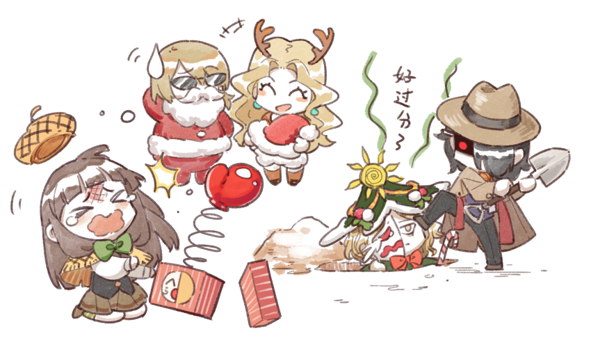 &gt;_&lt; 2girls 3boys ^^^ ^_^ animal_costume arm_behind_head beret black_footwear black_hair black_pants black_vest blonde_hair blunt_bangs blush_stickers bow bowler_hat bowtie boxing_gloves brown_capelet brown_coat brown_dress brown_footwear brown_hair brown_hat brown_skirt brown_thighhighs buttons candy candy_cane capelet chibi christmas christmas_tree_hat closed_eyes closed_mouth coat commentary crying danganronpa_(series) danganronpa_another dirt dress earrings english_commentary expressionless eyelashes fake_antlers fake_beard fake_facial_hair fake_mustache food foot_on_another&#039;s_face fur-trimmed_dress fur-trimmed_headwear fur-trimmed_jacket fur_trim gift gisces green_bow green_bowtie green_capelet green_hat green_socks hair_over_one_eye half_mask hat hat_loss highres holding holding_shovel holding_unworn_clothes holding_unworn_hat hole injury jacket jewelry kneehighs kneeling light_frown long_hair long_sleeves low_ponytail magorobi_emma makunouchi_hajime mary_janes mask medium_hair miniskirt motion_lines multiple_boys multiple_girls nijiue_iroha no_mouth open_mouth orange_scarf pants pen_behind_ear plaid_capelet plaid_clothes plaid_headwear pleated_skirt pom_pom_hat_ornament ponytail purple_vest red_bow red_bowtie red_eyes red_hat red_jacket red_pants reindeer_costume sannoji_mikado santa_costume santa_hat scarf shaded_face shirt shoes short_dress shovel simple_background skirt sleeves_past_wrists smile socks solid_circle_eyes sphere_earrings spoilers streaming_tears striped_clothes striped_socks sunglasses super_danganronpa_another_2 sweatdrop tearing_up tears thighhighs traditional_bowtie translation_request trench_coat unworn_hat unworn_headwear very_long_hair vest wavy_hair wavy_mouth white_background white_mask white_shirt yellow_eyes yomiuri_nikei