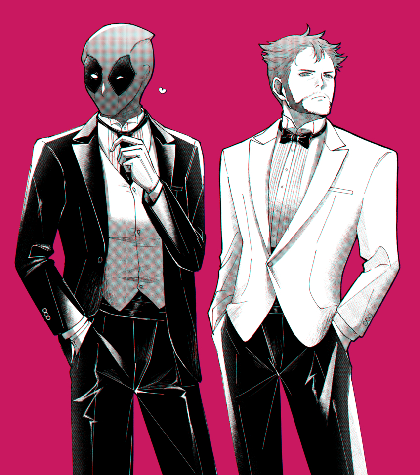 2boys adjusting_clothes adjusting_necktie beard bow bowtie buttons closed_mouth commentary_request deadpool deadpool_&amp;_wolverine deadpool_(series) doghooouse dress_shirt facial_hair formal_clothes gloves hand_in_pocket hands_in_pockets heart highres jacket long_sleeves looking_at_viewer male_focus marvel marvel_cinematic_universe mask monochrome multiple_boys muscular necktie one_eye_closed pants pectorals shirt short_hair standing suit vest wolverine_(x-men) x-men
