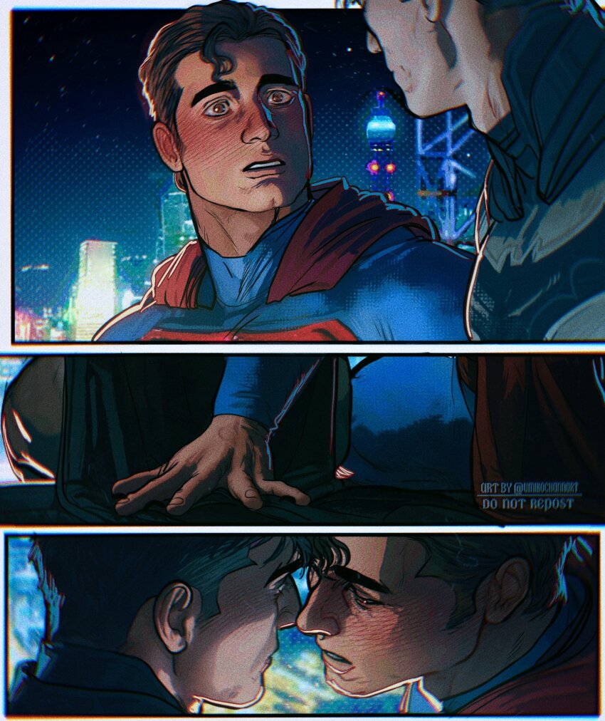 2boys bara batman batman_(series) black_cape black_hair blue_bodysuit bodysuit boots bruce_wayne cape clark_kent dc_comics grey_bodysuit highres incoming_kiss looking_at_another male_focus multiple_boys muscular muscular_male night night_sky outdoors red_cape short_hair sitting sky superman superman_(series) umikochannart yaoi