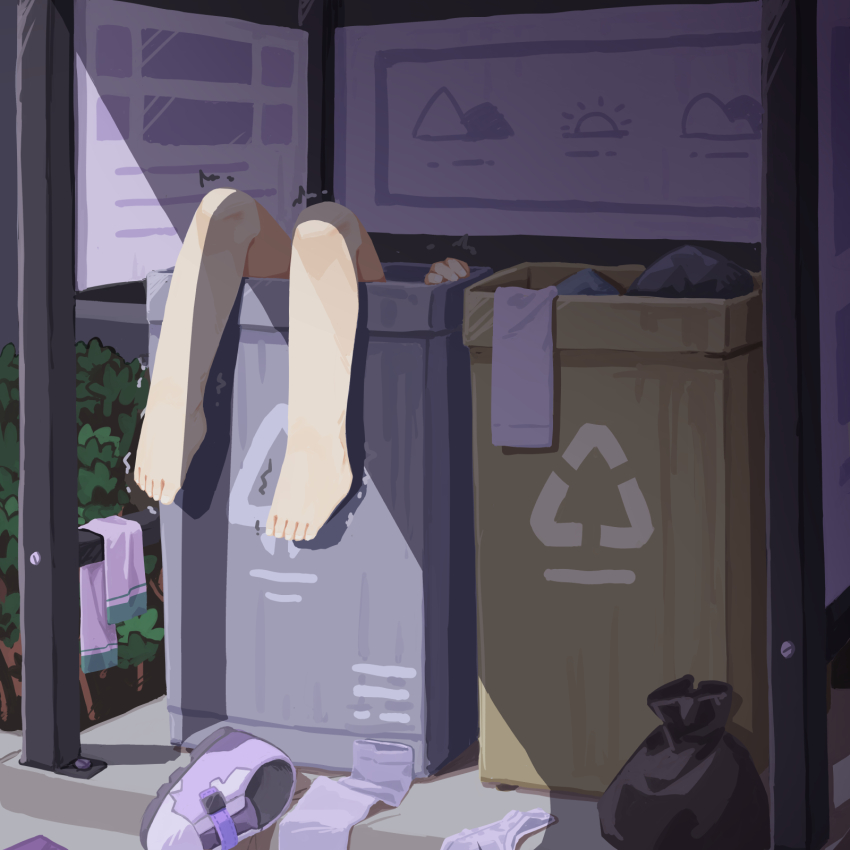 1girl arrow_(symbol) barefoot commentary_request hassai highres in_container in_trash_can original outdoors purple_shoes recycling_symbol shoes sneakers solo thighhighs toes trash_can unworn_thighhighs