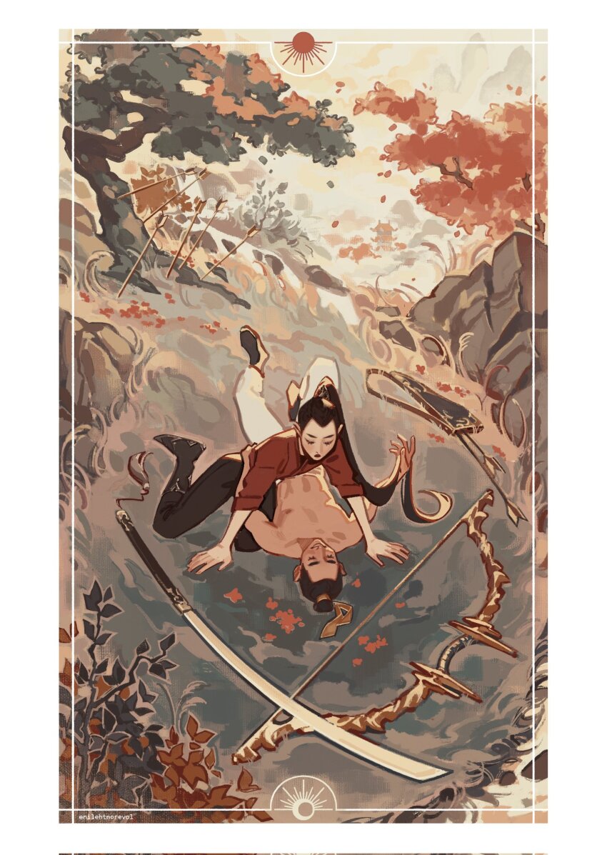 2boys analogous_colors arrow_(projectile) autumn_leaves black_boots black_pants boots border bow_(weapon) bush closed_eyes closed_mouth day enilehtnorevol feng_xin flower frown grass hair_bun hair_ribbon high_ponytail highres hill huge_weapon inset_border leaf limited_palette lying male_focus moon mu_qing_(tianguan_cifu) multiple_boys on_ground open_mouth outdoors pants plant planted planted_arrow ponytail quiver red_flower red_shirt ribbon rock shirt signature single_hair_bun sitting sky smile sun sword tianguan_cifu topless_male tree weapon white_border white_pants xiao_guan_(headdress) yaoi yellow_ribbon yellow_sky