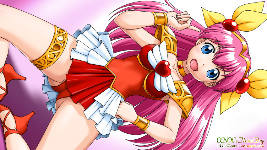 1990s_(style) 1girl :d ai_tenshi_densetsu_wedding_peach blue_eyes brooch choker female_focus frilled_thigh_strap full_body hair_ribbon hanasaki_momoko hand_on_own_hip heart heart_brooch highres jewelry leotard long_hair looking_at_viewer magical_girl onoe open_mouth panties pantyshot pink_hair red_leotard red_panties red_shoes retro_artstyle ribbon shoes shoulder_pads sideways skirt smile solo thigh_strap underwear watermark web_address wedding_peach wing_brooch yellow_ribbon